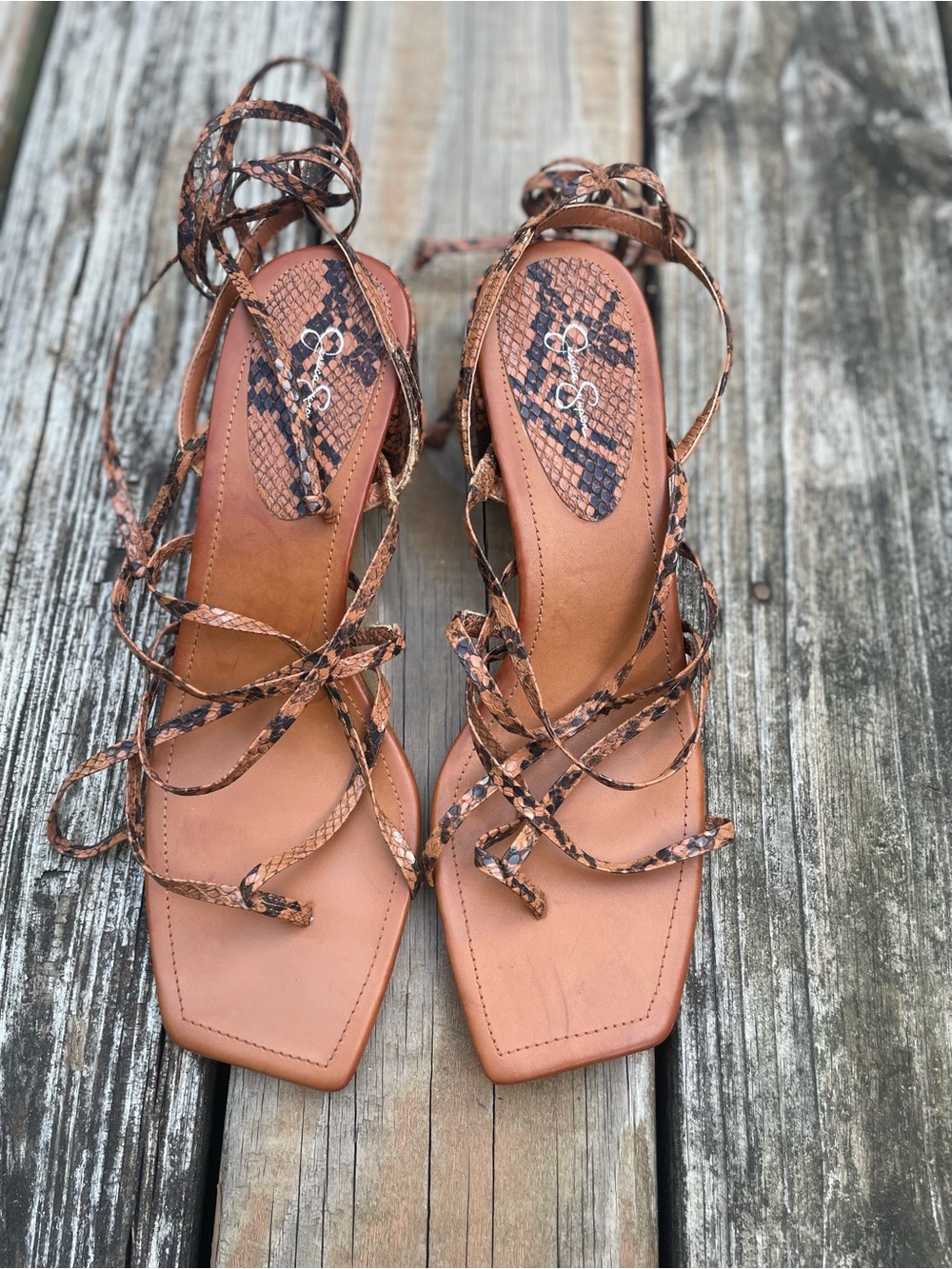 Jessica Simpson Tan Snake-Print Lace-Up Heels
